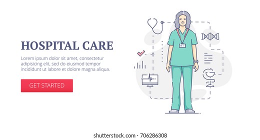 Vector banner template with woman doctor in green uniform with ID badge.