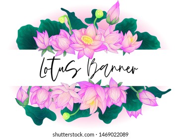 Vector banner template for your text quote with lotus flower and leaves hand draw illustration with watercolor imitation. Bright water lily background 