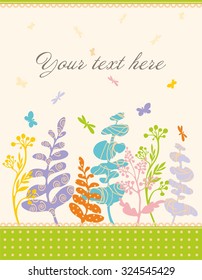 Vector banner templates with decorative plants with butterfly and dragonfly. Greeting card made in bright colors. Funny design. Birthday invitation