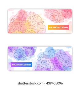 Vector banner templates with hand drawn culinary items and watercolor texture isolated on white background. Used clipping mask.