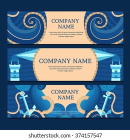 Vector banner templates in a nautical theme. Set in a marine style. Collection of sea flat illustrations