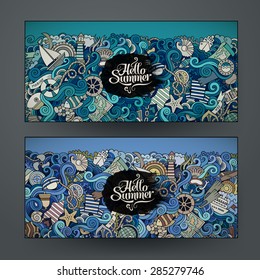 Vector banner templates set with doodles marine theme