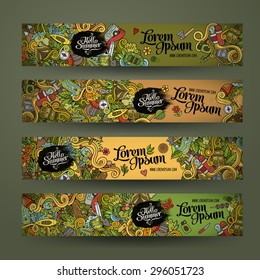 Vector banner templates set with doodles camping theme