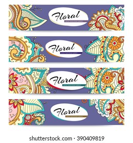 Vector banner templates set with doodles floral summer theme