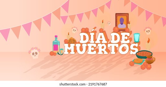 Vector banner with text "day of the dead" decorated with elements of the Mexican celebration offering.