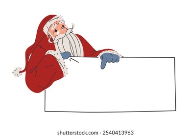 Anuncio de Vector para el texto o saludos con carácter de Santa Claus. Plantilla o tarjeta en blanco. El personaje de dibujos animados de Santa tiene una carta o una hoja vacía. Página Horizontal para la lista de deseos en días festivos de Navidad.