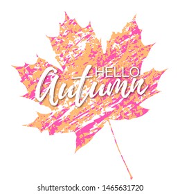 Vector banner with text Hello Autumn on maple leaves imprint with red and yellow brush strokes texture. Isolated on white background.