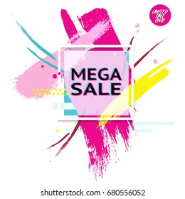 Vector banner with text Mega Sale for emotion and motivation. Poster in  epic 90s minimal style with splash background. Retro hand-drawn advertising design elements for sale theme, shop, market 2018.