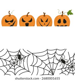 Vector banner for text with pumpkins, web and spiders for Halloween. Spooky illustration for invitation cards. Design for print and web graphics.