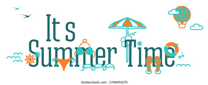 Vector banner with text It's Summer time. Facebook Cover with doodle. Travel Illustration with flamingo, water lily, balloon, sea waves, slippers, swimsuit, beach on blue background.