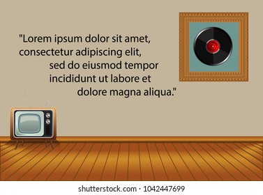 Vector banner with text template. Design of cozy small room with gramophone record`s photo in wooden frame on grey wall and vintage TV on wooden floor with plinth. 