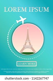 Vector Banner with text Travel card. Concept website template.Modern flat paper art design.Eiffel Tower, Paris, France.Vector Illustration