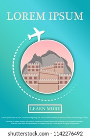 Vector Banner with text Travel card. Concept website template.Modern flat paper art design.The Great Wall of China.Vector Illustration