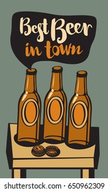 vector banner with three beer bottles on the table and inscription best beer in town in retro style