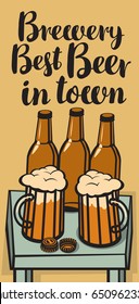 vector banner with three beer bottles and two beer glasses on the table and inscription brewery best beer in town in retro style