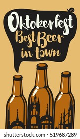 vector banner with three bottles and inscription oktoberfest best beer and town and old city