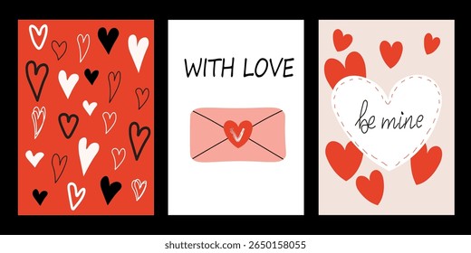 Vector banner with three cute posters on a black background for Valentine's Day, Valentine's Day, wedding. Design can be used as a postcard, print, painting, separate poster.