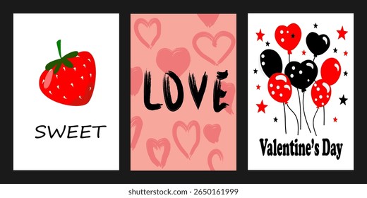 Vector banner with three cute posters on a black background for Valentine's Day, wedding.The posters have delicious berries, cute balloons. The design can be used as a postcard, print, painting,poster