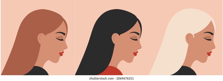 Vector banner with Three Woman portraits in minimal style. Female faces of different ethnicity and hair color. Blonde, brunette and brown