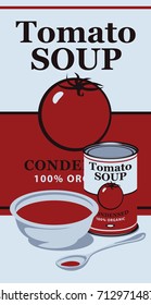Vector banner with tin can with the label for the condensed tomato soup and bowl and spoon with tomato soup