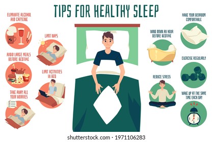 Vector banner with tips for healthy sleep, reasons of sleeping problems and rules for prevent to insomnia. Sleepless unhappy tired man trying fall asleep in bedroom at night.