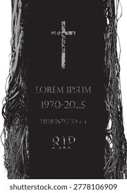 Vector banner with a tombstone, memorial. Gray gothic stone with catholic cross, names, dates,  space for text, inscriptions against a background of tree branches and roots. Funeral services. 