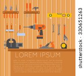 Vector banner of tool shed with diffirrent tools