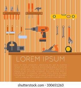 Vector banner of tool shed with diffirrent tools