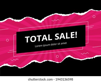 Vector Banner Total Sale. Torn paper, sunburst, lines, circles, zigzags, rays, pink background