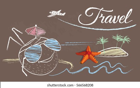 Vector banner tourism, painted in the technique of chalk on slate