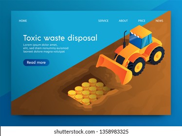 Vector Banner Toxic Waste Disposal Underground. Storage very Hazardous Waste in Bunker for Radioactive Substances. Waste will Break up into Elements Underground Away from People over Years.