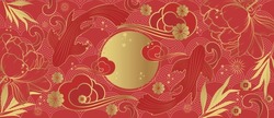Vector Banner With Traditional Chinese Elements And Ornament. Koi Carp In Gold Color On A Red Background With Peony Flowers. Chinese Background.	