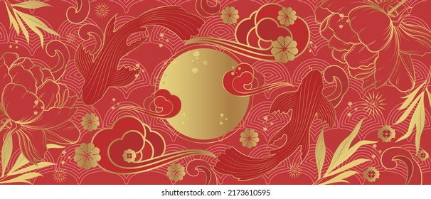 Vector banner with traditional Chinese elements and ornament. Koi carp in gold color on a red background with peony flowers. Chinese background.	