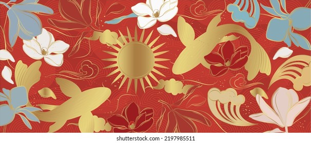 Vector banner with traditional Chinese elements and ornament. Koi carp in gold color on a red background with flowers. Chinese background.