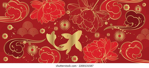 Vector banner with traditional Chinese elements and ornament. Koi carp in gold color on a red background with flowers. Chinese background.