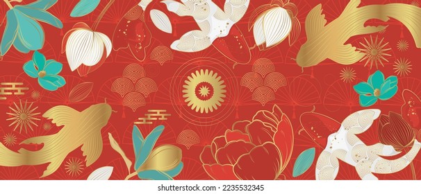 Vector banner with traditional Chinese elements and ornament. Koi carp in gold color on a red background with flowers. Chinese background.