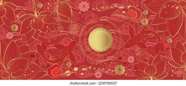 Vector banner with traditional Chinese elements and ornament. Koi carp in gold color on a red background with flowers. Chinese background.