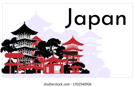 Vector banner with traditional japanese architecture. Silhouettes Japanese interest in a flat style. Vector illustration of pagodas and torii gate.