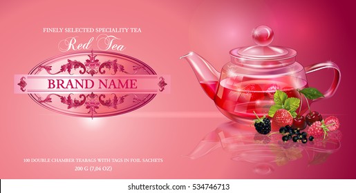 Vector banner with transparent teapot and berries. Design for red and fruit tea, drink menu and health care products.Only free fonts used. Font names included in the layers