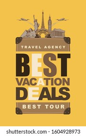 Vector banner for travel agency with the words Best vacation deals. Illustration with suitcase, architectural landmarks from different countries and airplanes