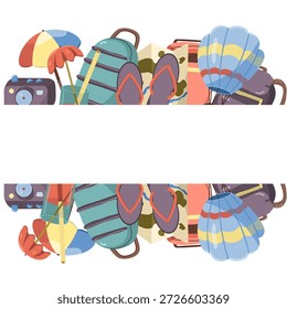 Anuncio de Vector con artículos de viaje y espacio de copia. Maletas y mochilas, globo aerostático y cóctel, mapa y cámara. Para imprimir, tarjetas de felicitación