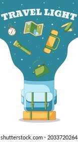 Vector banner for a travel site with tents in the wild, traveling on light with all the necessary equipment. Vector illustration