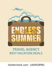 Vector banner with travel suitcase, airplane and words Endless summer. Suitable for poster, flyer, invitation, card, t-shirt design.