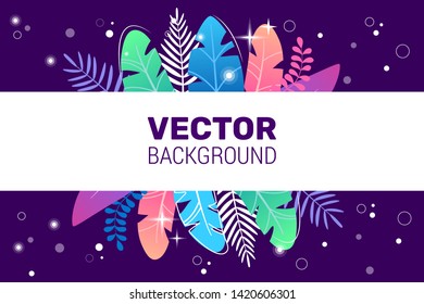 Vector banner in trendy stylish flat style on dark blue background and bright gradient colors - background with white horizontal space for text. Space plants, leaves in blue tones. For greeting card