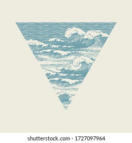 Vector Banner in dreieckiger Form mit handgezeichneten Wellen im Retrostil. Dekorative Abbildung des Meeres oder Ozeans, stürmische Wellen mit weißen Bruch von Meeresschaum