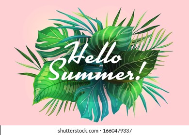 Vector banner with tropical exotic leaves in trendy style. Summer vacation pink background with place for text. Tropical backdrop, invitation, banner, poster, flyer.