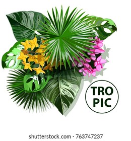 Vector banner with tropical flowers and leaves