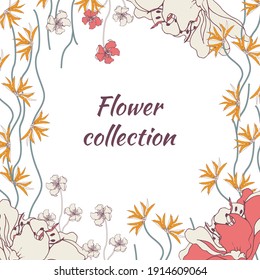 Vector banner with tropical flowers on a white background. Floral frame for text, flyer, poster.