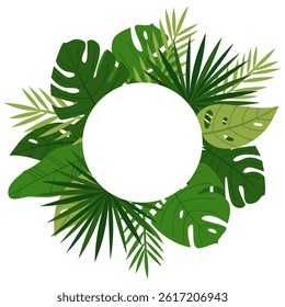 Vector banner with tropical leaves, flat style illustration. Green leaves with a place for text, isolated on white background