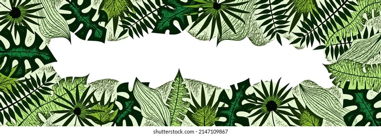 Vector banner of tropical leaves, floral frame